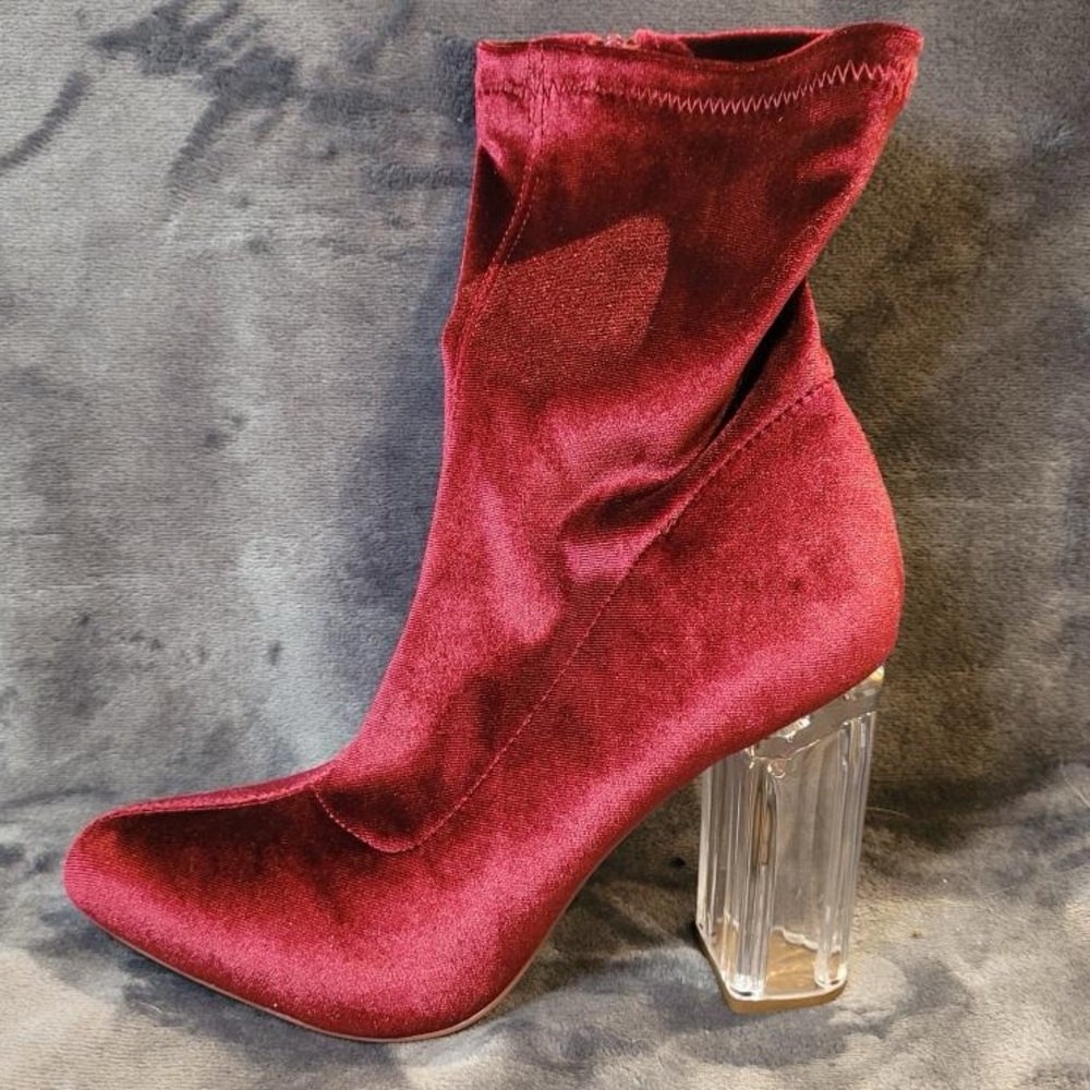 Olivia Jaymes red velvet bootie with clear heel size 8